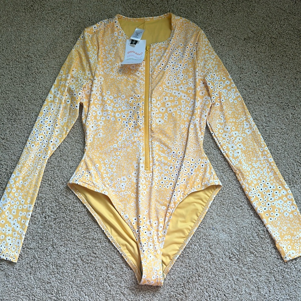 Dippin’ Daisy’s Yellow Floral Long Sleeve One Piece Bathing Suit
